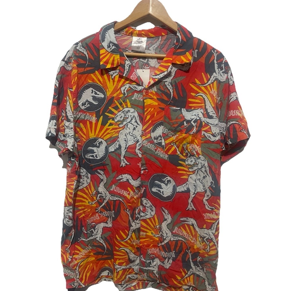 Jurassic Park Hawaiian Shirt Men's Size L Colorful Dinosaur Graphic Short Sleeve - Picture 2 of 5